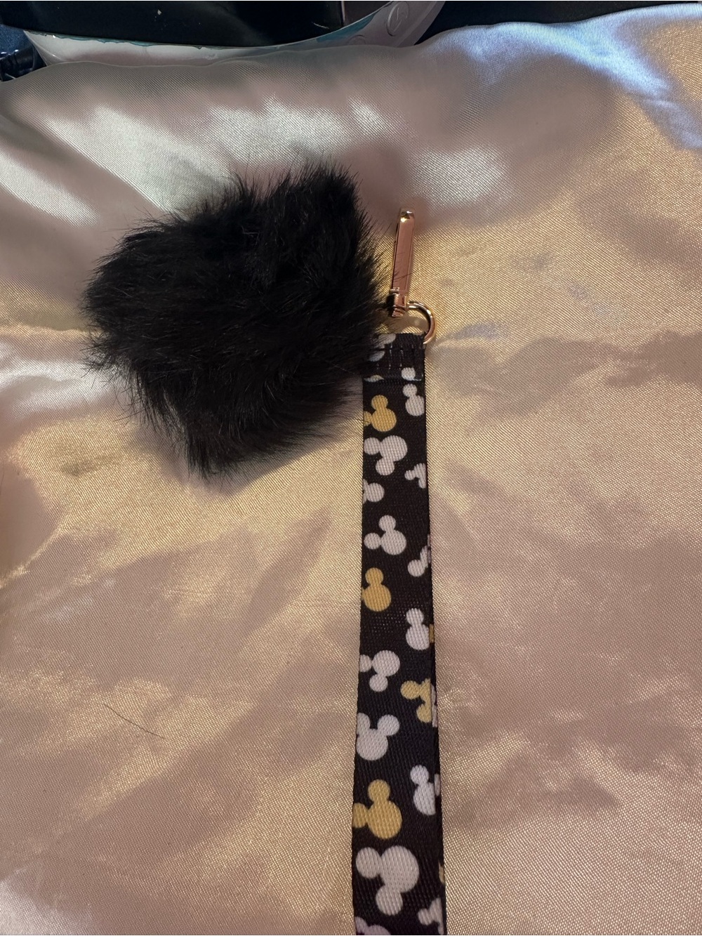 Black Faux Fur Pom Pom Keychain Wristlet with Mickey Head Print